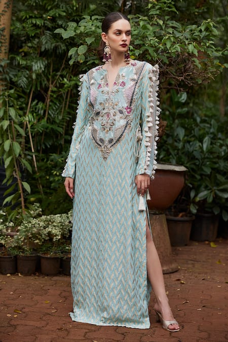 Payal Singhal_Blue Organza, Banarasi, Georgette Ikkat Notched Miraya Woven Kaftan _at_Aza_Fashions