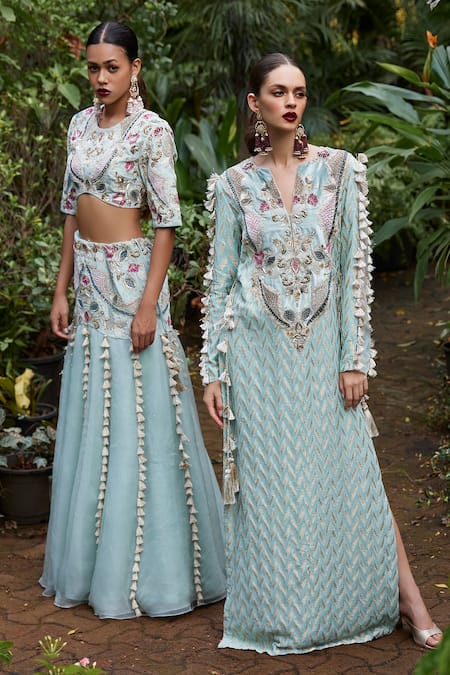 Shop_Payal Singhal_Blue Organza, Banarasi, Georgette Ikkat Notched Miraya Woven Kaftan _Online_at_Aza_Fashions