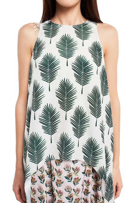 Buy_PS Pret By Payal Singhal_Beige Art Crepe Printed Leaf Motifs Round Kurta And Pant Set_Online_at_Aza_Fashions