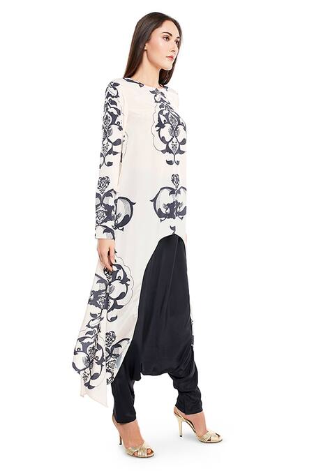 PS Pret By Payal Singhal_Pink Art Crepe Printed Ottoman Motifs Round Asymmetric Tunic And Pant Set_Online_at_Aza_Fashions