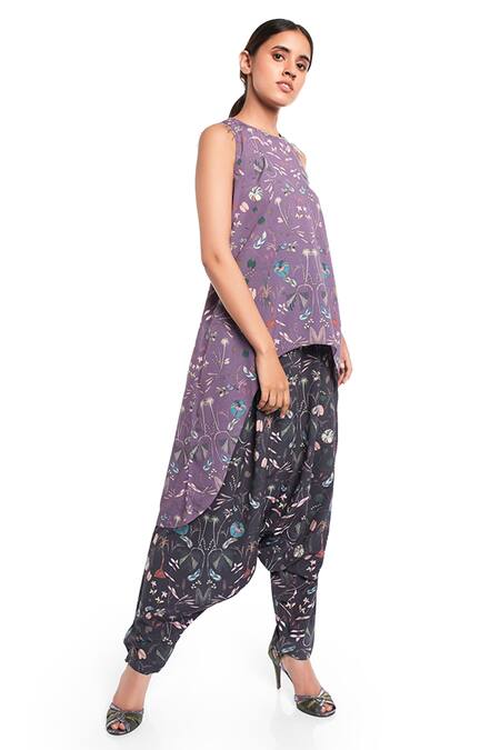 PS Pret By Payal Singhal_Purple Art Crepe Floral Motifs Round Forest Print Tunic And Pant Set_Online_at_Aza_Fashions