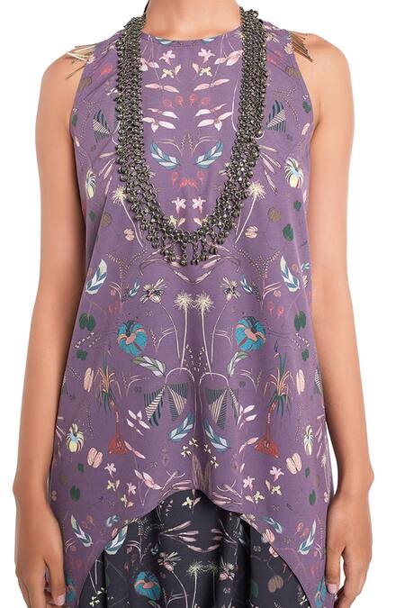 Buy_PS Pret By Payal Singhal_Purple Art Crepe Floral Motifs Round Forest Print Tunic And Pant Set_Online_at_Aza_Fashions