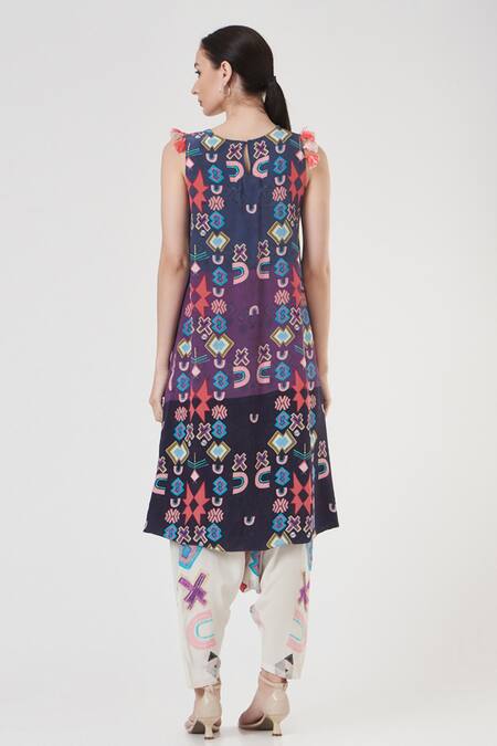 Shop PS Pret By Payal Singhal Purple Georgette Ikat Star Boat Tunic And Low Crotch Pant Set at Aza Fashions Shop_PS Pret By Payal Singhal_Purple Georgette Ikat Star Boat Tunic And Low Crotch Pant Set_at_Aza_Fashions