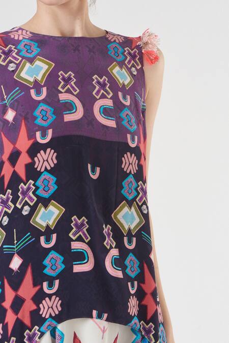 PS Pret By Payal Singhal Purple Georgette Ikat Star Boat Tunic And Low Crotch Pant Set Online at Aza Fashions PS Pret By Payal Singhal_Purple Georgette Ikat Star Boat Tunic And Low Crotch Pant Set_Online_at_Aza_Fashions