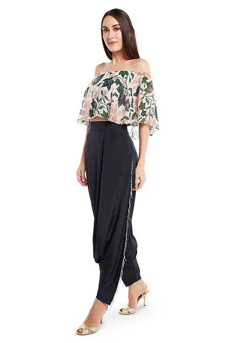 PS Pret By Payal Singhal_Black Top Georgette Pant Crepe Floral Motifs Abutilon Print And Set _Online_at_Aza_Fashions