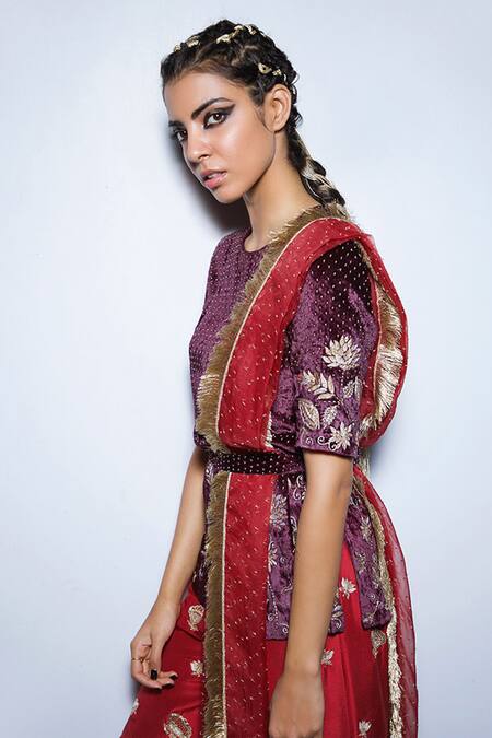 Payal Singhal_Red Velvet And Silk Embroidery Round Saffiya Kurta Sharara Set_at_Aza_Fashions