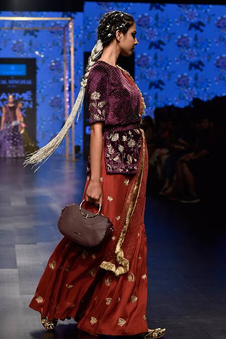 Payal Singhal_Red Velvet And Silk Embroidery Round Saffiya Kurta Sharara Set_Online_at_Aza_Fashions