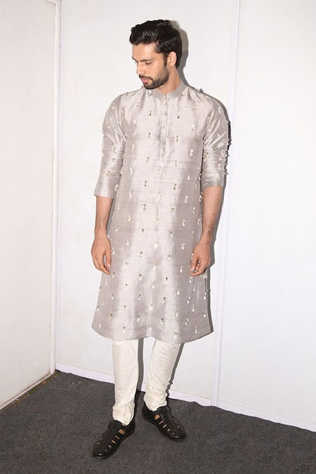 PS Men By Payal Singhal Grey Dupion , Cotton Fringe Embroidered Kurta Set Online at Aza Fashions PS Men By Payal Singhal_Grey Dupion , Cotton Fringe Embroidered Kurta Set _Online_at_Aza_Fashions