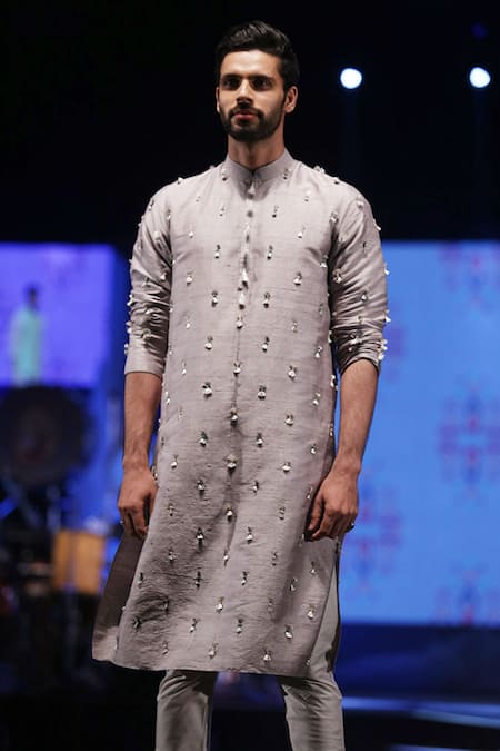 PS Men By Payal Singhal Grey Dupion , Cotton Fringe Embroidered Kurta Set at Aza Fashions PS Men By Payal Singhal_Grey Dupion , Cotton Fringe Embroidered Kurta Set _at_Aza_Fashions