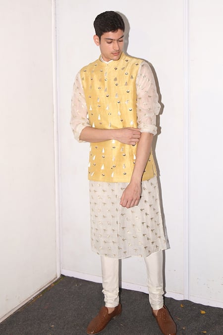 PS Men By Payal Singhal Yellow Organza, Dupion , Cotton Fringe Bundi And Kurta Set Online at Aza Fashions PS Men By Payal Singhal_Yellow Organza, Dupion , Cotton Fringe Bundi And Kurta Set _Online_at_Aza_Fashions