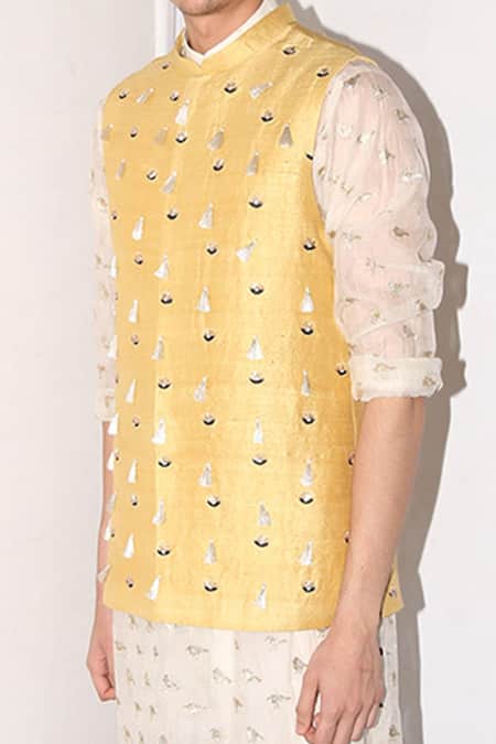 PS Men By Payal Singhal Yellow Organza, Dupion , Cotton Fringe Bundi And Kurta Set at Aza Fashions PS Men By Payal Singhal_Yellow Organza, Dupion , Cotton Fringe Bundi And Kurta Set _at_Aza_Fashions