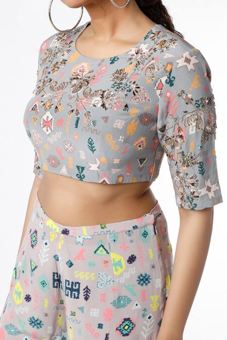 Payal Singhal_Grey Crepe Printed Bandhani Kilim Motifs Round Choli And Palazzo Set _Online_at_Aza_Fashions