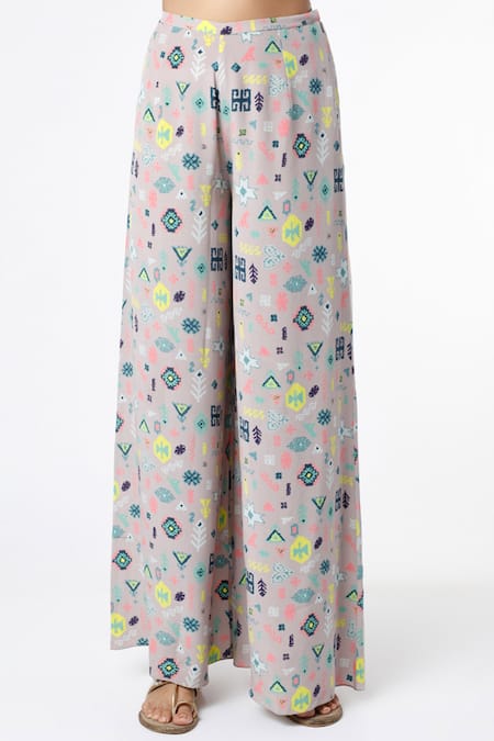 Buy_Payal Singhal_Grey Crepe Printed Bandhani Kilim Motifs Round Choli And Palazzo Set _Online_at_Aza_Fashions