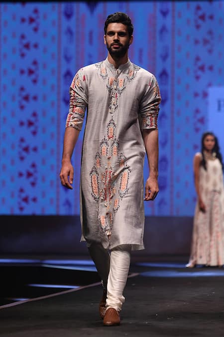 PS Men By Payal Singhal_Grey Dupion , Cotton Ikat Carpet Print Kurta Set _Online_at_Aza_Fashions