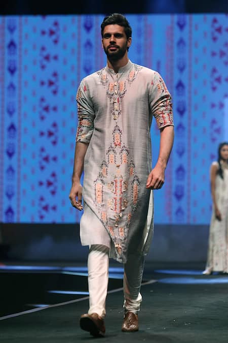 Buy_PS Men By Payal Singhal_Grey Dupion , Cotton Ikat Carpet Print Kurta Set _Online_at_Aza_Fashions