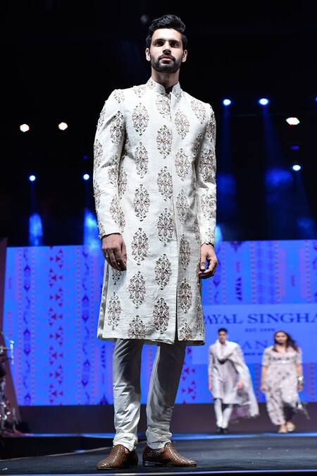 PS Men By Payal Singhal Beige Dupion , Cotton Ikat Print Sherwani Set Online at Aza Fashions PS Men By Payal Singhal_Beige Dupion , Cotton Ikat Print Sherwani Set _Online_at_Aza_Fashions