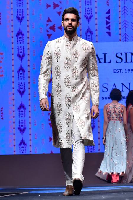 Shop PS Men By Payal Singhal Beige Dupion , Cotton Ikat Print Sherwani Set Online at Aza Fashions Shop_PS Men By Payal Singhal_Beige Dupion , Cotton Ikat Print Sherwani Set _Online_at_Aza_Fashions