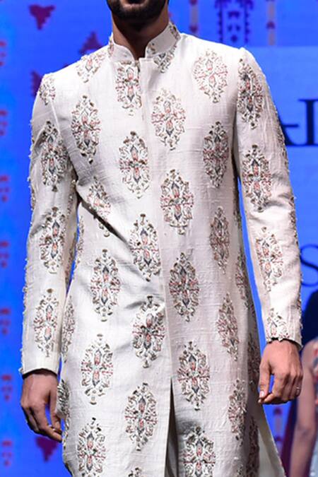 PS Men By Payal Singhal Beige Dupion , Cotton Ikat Print Sherwani Set at Aza Fashions PS Men By Payal Singhal_Beige Dupion , Cotton Ikat Print Sherwani Set _at_Aza_Fashions