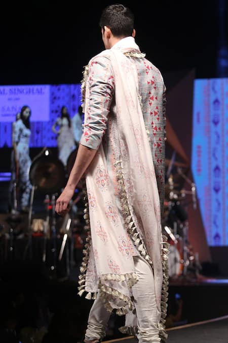PS Men By Payal Singhal Dupion Silk Ikat Print Sherwani Set 