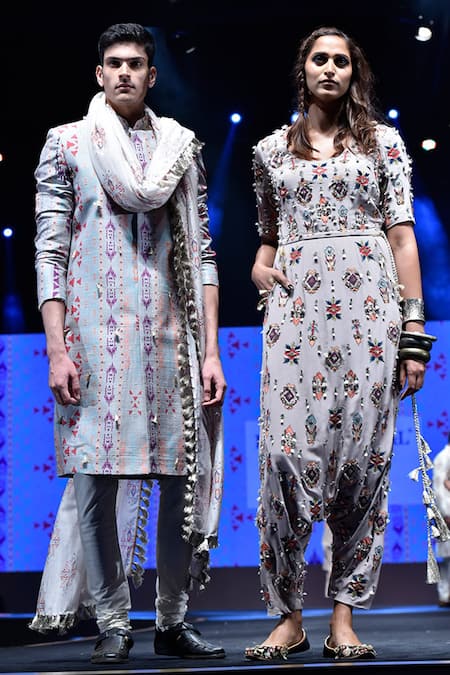 PS Men By Payal Singhal Grey Dupion , Cotton , Mul Ikat Print Sherwani Set Online at Aza Fashions PS Men By Payal Singhal_Grey Dupion , Cotton , Mul Ikat Print Sherwani Set _Online_at_Aza_Fashions