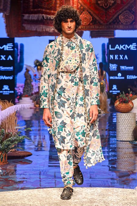Shop PS Men By Payal Singhal White Georgette, Dupion Silk Abutilon Print Kurta Set Online at Aza Fashions Shop_PS Men By Payal Singhal_White Georgette, Dupion Silk Abutilon Print Kurta Set _Online_at_Aza_Fashions