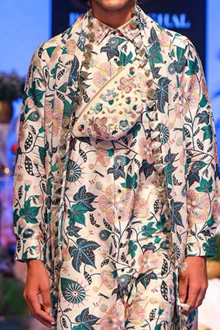 PS Men By Payal Singhal White Georgette, Dupion Silk Abutilon Print Kurta Set at Aza Fashions PS Men By Payal Singhal_White Georgette, Dupion Silk Abutilon Print Kurta Set _at_Aza_Fashions