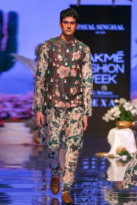 PS Men By Payal Singhal_Brown Dupion , Mul Abutilon Print Bundi And Kurta Set_Online_at_Aza_Fashions