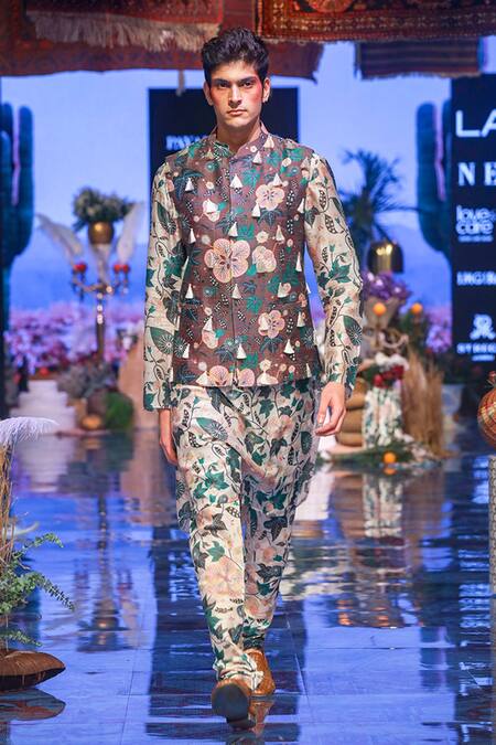 Buy_PS Men By Payal Singhal_Brown Dupion , Mul Abutilon Print Bundi And Kurta Set_Online_at_Aza_Fashions