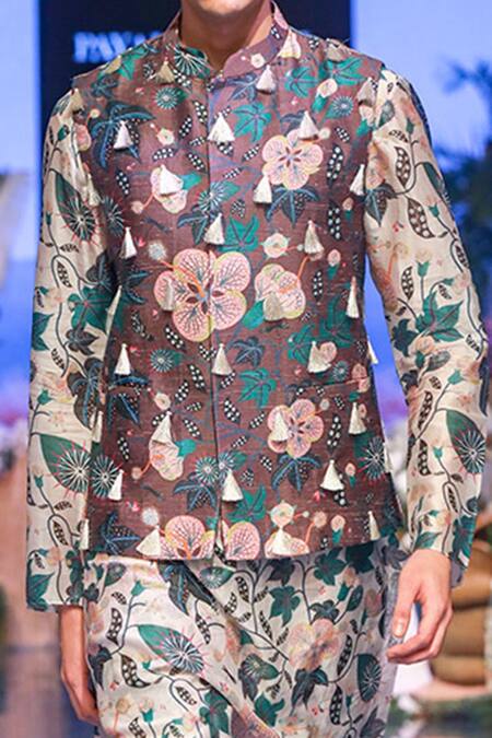 Shop_PS Men By Payal Singhal_Brown Dupion , Mul Abutilon Print Bundi And Kurta Set_Online_at_Aza_Fashions