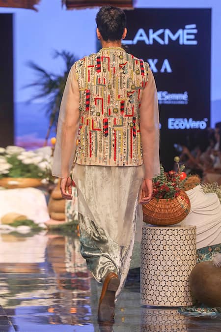 Shop PS Men By Payal Singhal Blue Organza Embroidered Geometric Bundi And Sheer Kurta Set at Aza Fashions Shop_PS Men By Payal Singhal_Blue Organza Embroidered Geometric Bundi And Sheer Kurta Set _at_Aza_Fashions