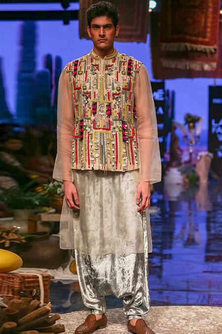 PS Men By Payal Singhal Blue Organza Embroidered Geometric Bundi And Sheer Kurta Set Online at Aza Fashions PS Men By Payal Singhal_Blue Organza Embroidered Geometric Bundi And Sheer Kurta Set _Online_at_Aza_Fashions