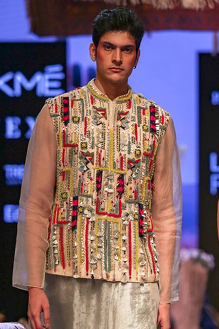 Buy PS Men By Payal Singhal Blue Organza Embroidered Geometric Bundi And Sheer Kurta Set Online at Aza Fashions Buy_PS Men By Payal Singhal_Blue Organza Embroidered Geometric Bundi And Sheer Kurta Set _Online_at_Aza_Fashions