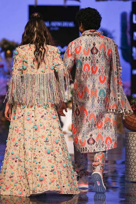 Shop_PS Men By Payal Singhal_Grey Georgette, Dupion Silk Garden Print Kurta Set _at_Aza_Fashions