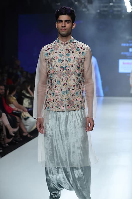 Shop_PS Men By Payal Singhal_Beige Organza Embroidered Geometric Bundi And Sheer Kurta Set _at_Aza_Fashions