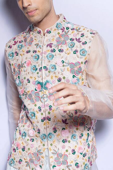 PS Men By Payal Singhal_Beige Organza Embroidered Geometric Bundi And Sheer Kurta Set _Online_at_Aza_Fashions