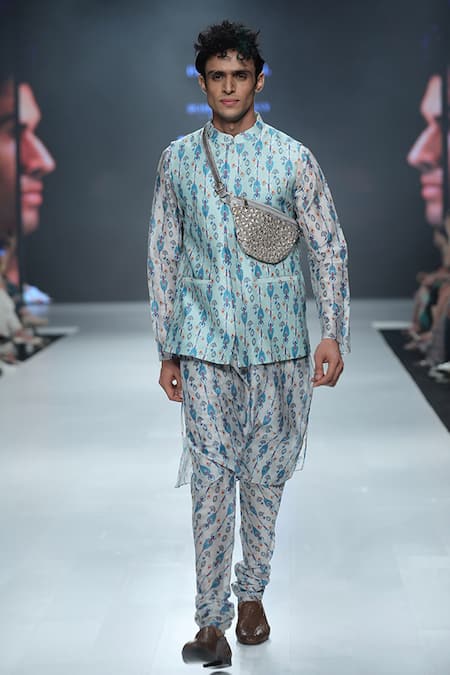 PS Men by Payal Singhal Blue Silk Mul Printed Ikat Bundi And Kurta Set 