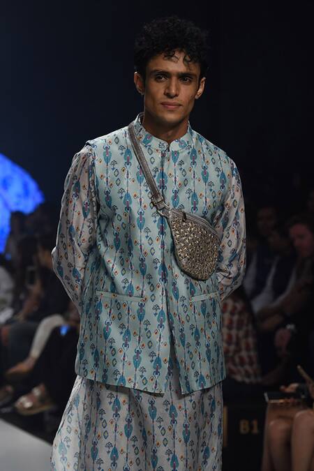 PS Men By Payal Singhal_Blue Silk Mul Ikat Print Bundi And Kurta Set _Online_at_Aza_Fashions
