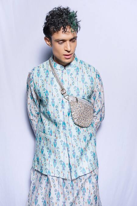 Buy_PS Men By Payal Singhal_Blue Silk Mul Ikat Print Bundi And Kurta Set _Online_at_Aza_Fashions