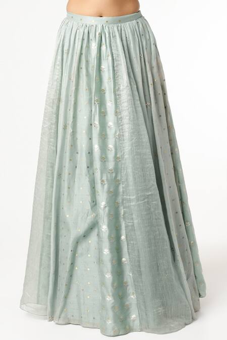 Buy_Payal Singhal_Blue Net, Crepe, Banarasi Geometric Pattern U Neck Multi Panelled Lehenga Set_Online_at_Aza_Fashions