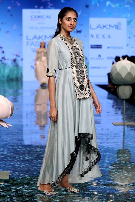 Payal Singhal_Blue Silkmul And Chanderi Thread Round Azara Kurta With Jogger Pants _Online_at_Aza_Fashions