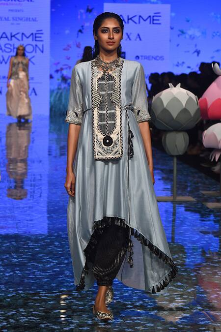 Buy_Payal Singhal_Blue Silkmul And Chanderi Thread Round Azara Kurta With Jogger Pants _Online_at_Aza_Fashions