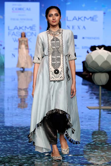 Shop_Payal Singhal_Blue Silkmul And Chanderi Thread Round Azara Kurta With Jogger Pants _Online_at_Aza_Fashions