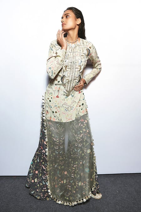 Payal Singhal Beige Organza And Crepe Floral Print & Thread Round Malisa Kurta Sharara Set Online at Aza Fashions Payal Singhal_Beige Organza And Crepe Floral Print & Thread Round Malisa Kurta Sharara Set _Online_at_Aza_Fashions