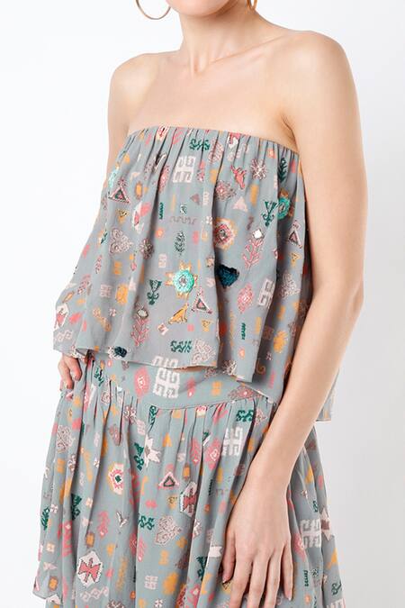 Payal Singhal_Grey Georgette Printed Bandhani Kilim Motifs One Shoulder Top And Deriya Pant Set_Online_at_Aza_Fashions