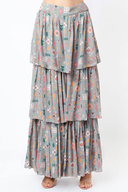 Buy_Payal Singhal_Grey Georgette Printed Bandhani Kilim Motifs One Shoulder Top And Deriya Pant Set_Online_at_Aza_Fashions