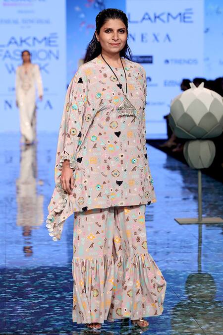 Payal Singhal_Purple Crepe Abstract Print And Thread Round Alisa Kaftan Kurta With Sharara_Online_at_Aza_Fashions