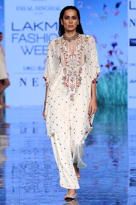 Shop_Payal Singhal_White Silk Mukaish And Thread Notched Adena Kaftan Kurta With Palazzo Pants _Online_at_Aza_Fashions