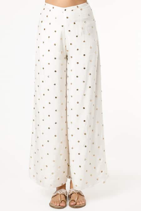 Buy_Payal Singhal_Off White Crepe Embroidered Mukaish Work Boat Kaftan And Palazzo Set _Online_at_Aza_Fashions