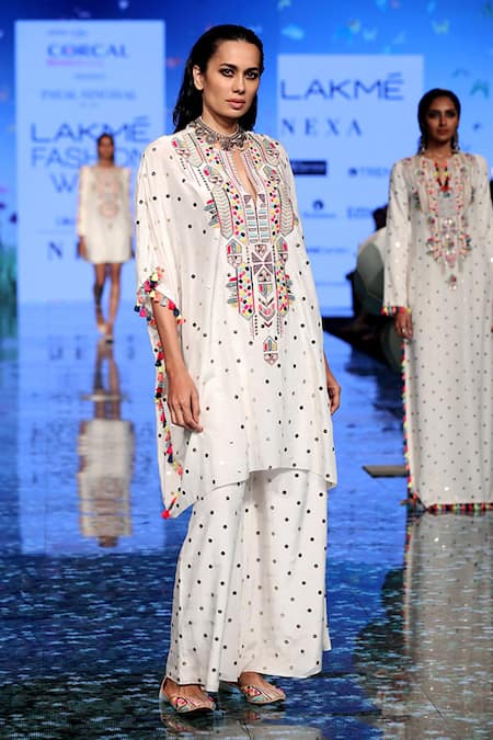 Payal Singhal_White Silk Mukaish And Thread Notched Adena Kaftan Kurta With Palazzo Pants _Online_at_Aza_Fashions