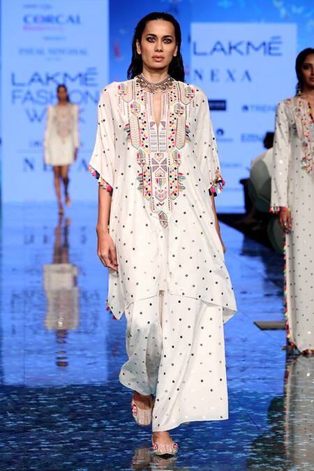 Buy_Payal Singhal_White Silk Mukaish And Thread Notched Adena Kaftan Kurta With Palazzo Pants _Online_at_Aza_Fashions